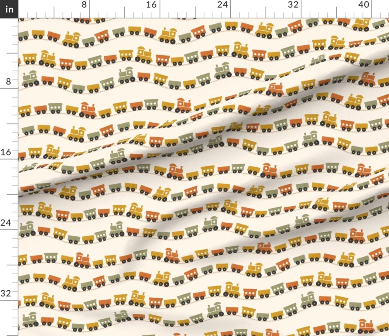 Boho Baby Trains Retro Warm Colors Nursery Toy Train Kids Toddlers Custom Printed Fabric by Spoonflower Various Fabrics by the Yard or Fat Quarter